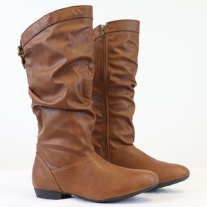 Brown Slouch Mid Calf Side Zipper Boots Women's